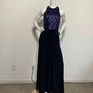 Cache Navy Blue High Neck Sleeveless Sequin Long Maxi Gown Dress Size 8